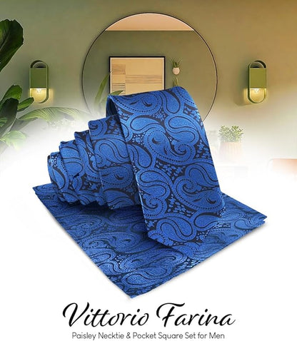 Vittorio Farina Men's Woven Paisley Necktie & Pocket Square - Royal Blue - Necktie & Pocket Square - Vittorio Farina