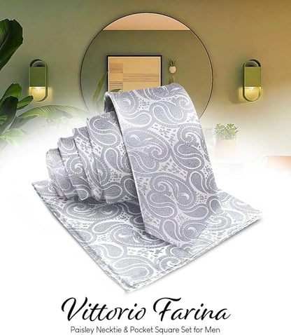 Vittorio Farina Men's Woven Paisley Necktie & Pocket Square - Silver - Necktie & Pocket Square - Vittorio Farina