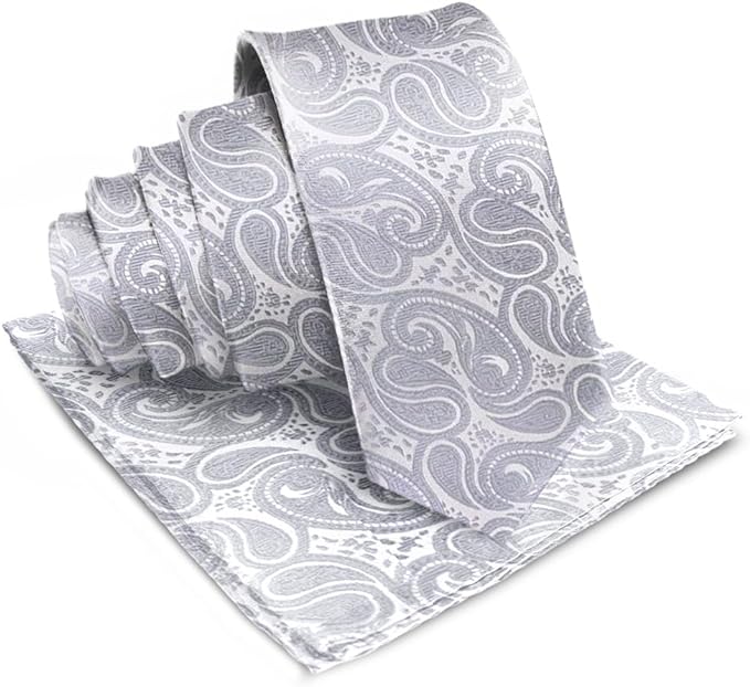 Vittorio Farina Men's Woven Paisley Necktie & Pocket Square - Silver - Necktie & Pocket Square - Vittorio Farina