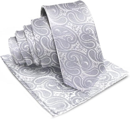 Vittorio Farina Men's Woven Paisley Necktie & Pocket Square - Silver - Necktie & Pocket Square - Vittorio Farina