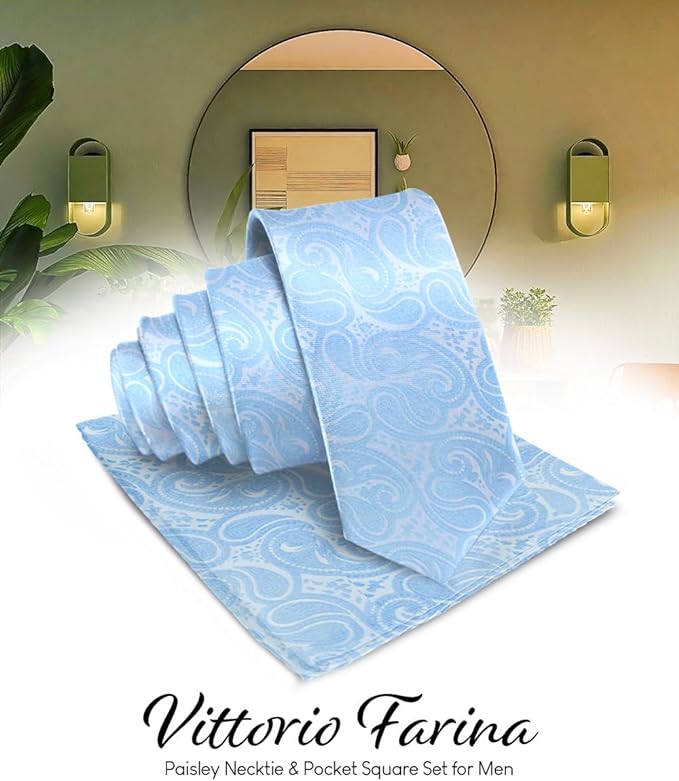 Vittorio Farina Men's Woven Paisley Necktie & Pocket Square - Sky Blue - Necktie & Pocket Square - Vittorio Farina
