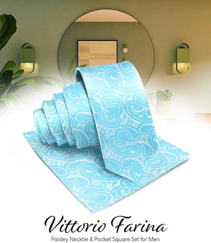 Vittorio Farina Men's Woven Paisley Necktie & Pocket Square - Turquoise - Necktie & Pocket Square - Vittorio Farina