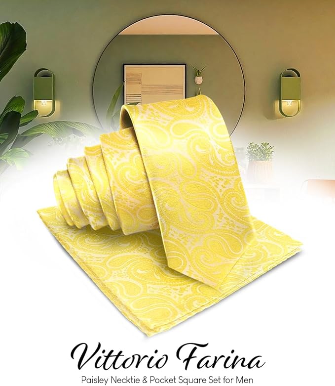 Vittorio Farina Men's Woven Paisley Necktie & Pocket Square - Yellow - Necktie & Pocket Square - Vittorio Farina