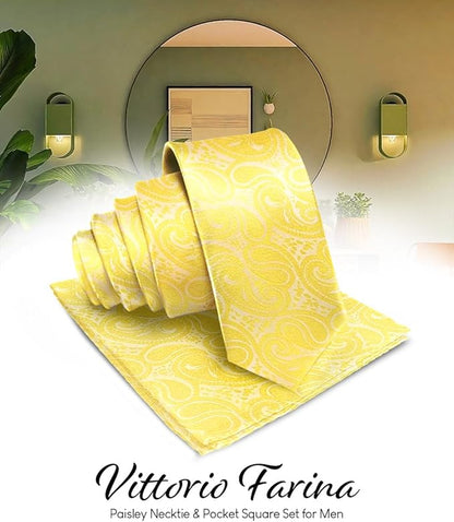 Vittorio Farina Men's Woven Paisley Necktie & Pocket Square - Yellow - Necktie & Pocket Square - Vittorio Farina