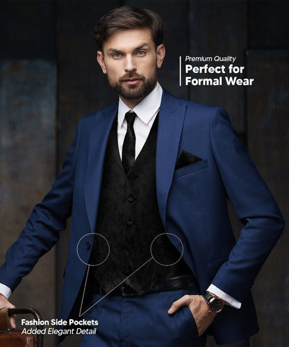Vittorio Farina Men's Woven Paisley Vest, Necktie, Bow Tie and Pocket Square Set (Black Back) - Black - Vest Set - Vittorio Farina