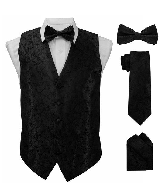 Vittorio Farina Men's Woven Paisley Vest, Necktie, Bow Tie and Pocket Square Set (Black Back) - Black - Vest Set - Vittorio Farina