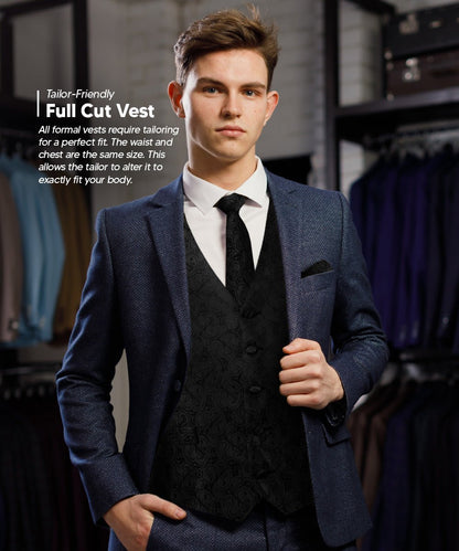 Vittorio Farina Men's Woven Paisley Vest, Necktie, Bow Tie and Pocket Square Set (Black Back) - Black - Vest Set - Vittorio Farina