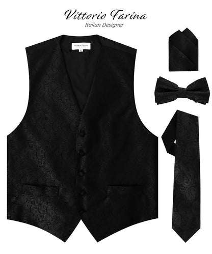 Vittorio Farina Men's Woven Paisley Vest, Necktie, Bow Tie and Pocket Square Set (Black Back) - Black - Vest Set - Vittorio Farina