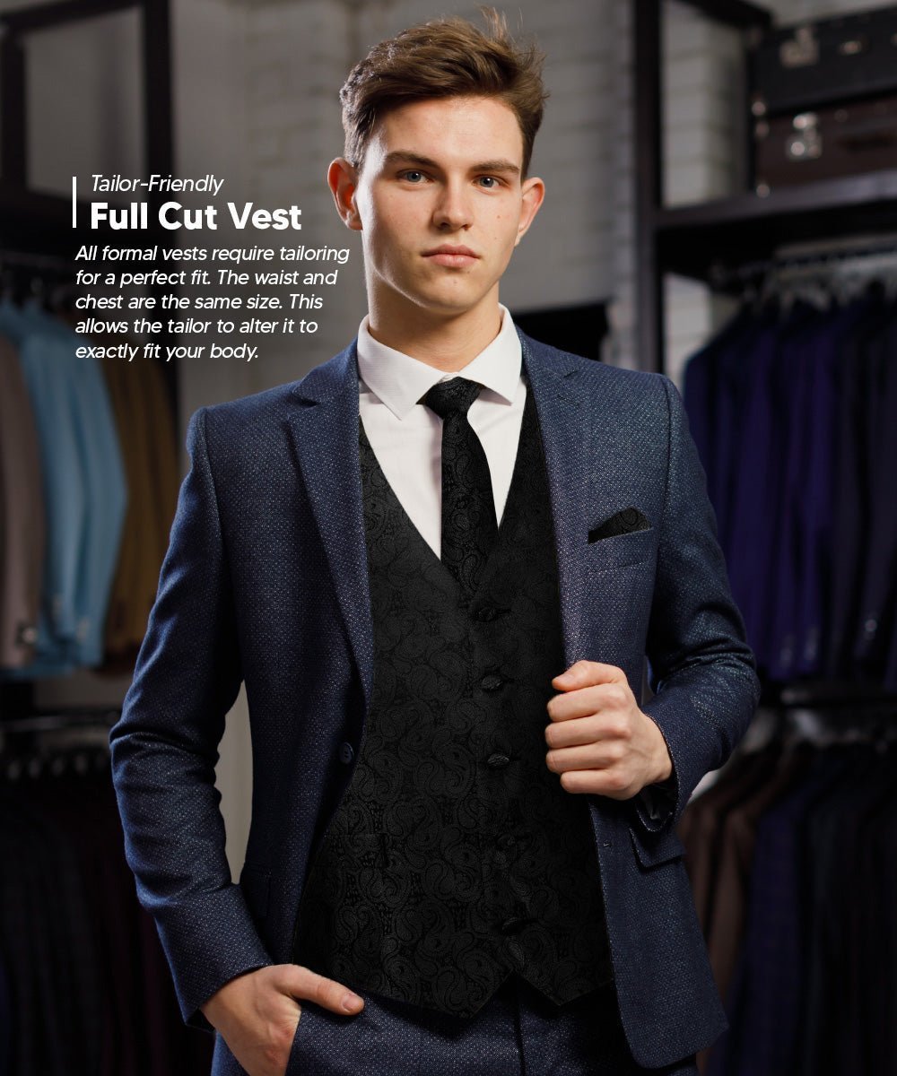 Vittorio Farina Men's Woven Paisley Vest, Necktie, Bow Tie and Pocket Square Set (Black Back) - Black - Vest Set - Vittorio Farina