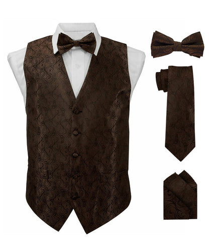 Vittorio Farina Men's Woven Paisley Vest, Necktie, Bow Tie and Pocket Square Set (Black Back) - Brown - Vest Set - Vittorio Farina