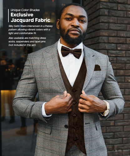 Vittorio Farina Men's Woven Paisley Vest, Necktie, Bow Tie and Pocket Square Set (Black Back) - Brown - Vest Set - Vittorio Farina