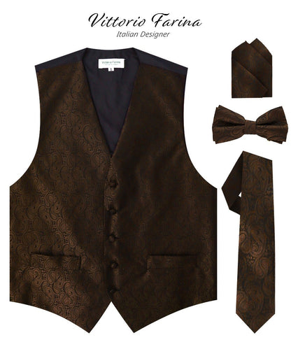 Vittorio Farina Men's Woven Paisley Vest, Necktie, Bow Tie and Pocket Square Set (Black Back) - Brown - Vest Set - Vittorio Farina
