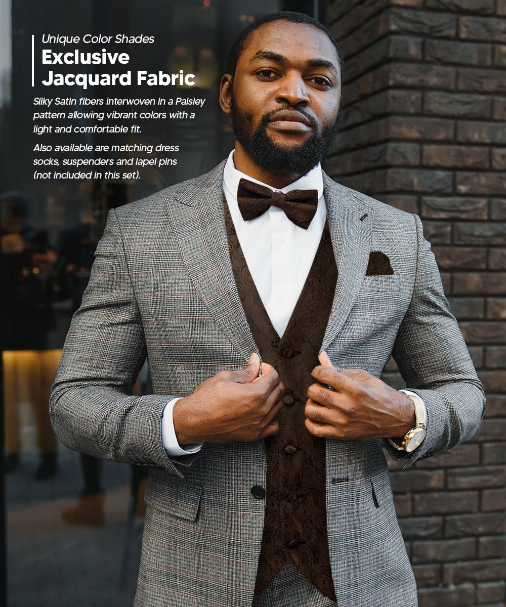Vittorio Farina Men's Woven Paisley Vest, Necktie, Bow Tie and Pocket Square Set (Black Back) - Brown - Vest Set - Vittorio Farina