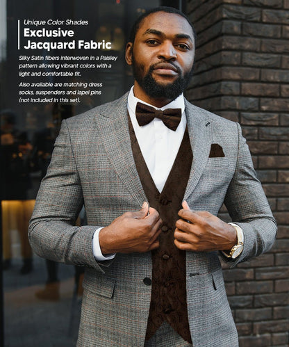 Vittorio Farina Men's Woven Paisley Vest, Necktie, Bow Tie and Pocket Square Set (Black Back) - Brown - Vest Set - Vittorio Farina