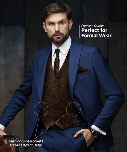 Vittorio Farina Men's Woven Paisley Vest, Necktie, Bow Tie and Pocket Square Set (Black Back) - Brown - Vest Set - Vittorio Farina