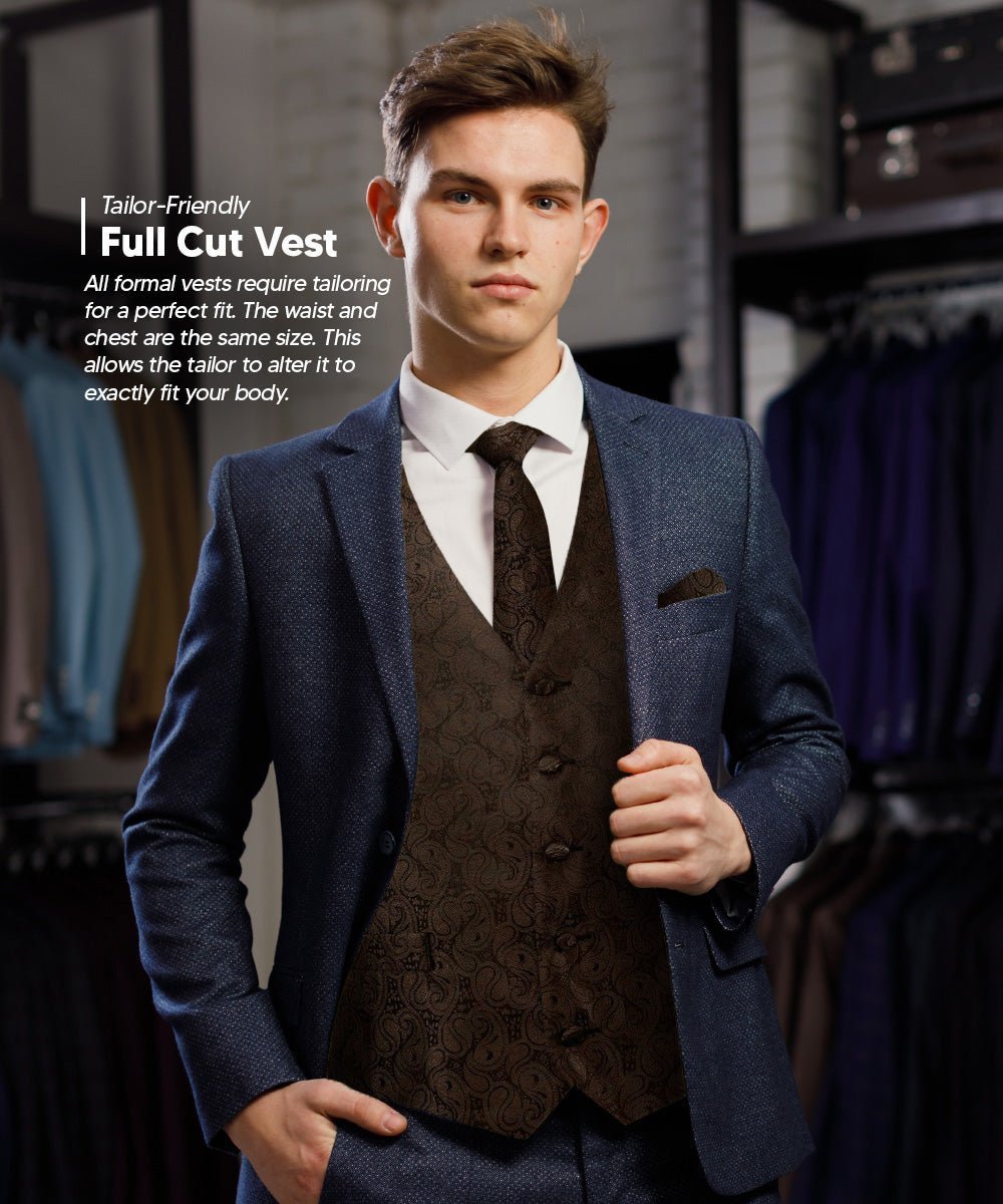 Vittorio Farina Men's Woven Paisley Vest, Necktie, Bow Tie and Pocket Square Set (Black Back) - Brown - Vest Set - Vittorio Farina