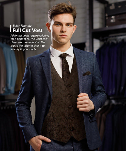 Vittorio Farina Men's Woven Paisley Vest, Necktie, Bow Tie and Pocket Square Set (Black Back) - Brown - Vest Set - Vittorio Farina