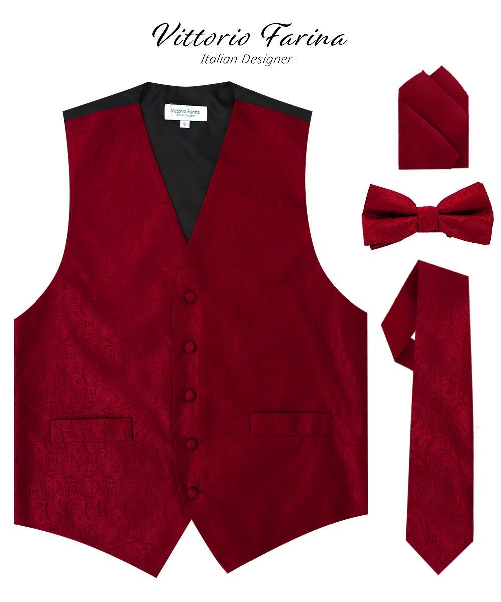 Vittorio Farina Men's Woven Paisley Vest, Necktie, Bow Tie and Pocket Square Set (Black Back) - Burgundy - Vest Set - Vittorio Farina