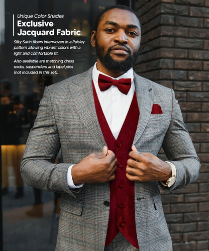 Vittorio Farina Men's Woven Paisley Vest, Necktie, Bow Tie and Pocket Square Set (Black Back) - Burgundy - Vest Set - Vittorio Farina