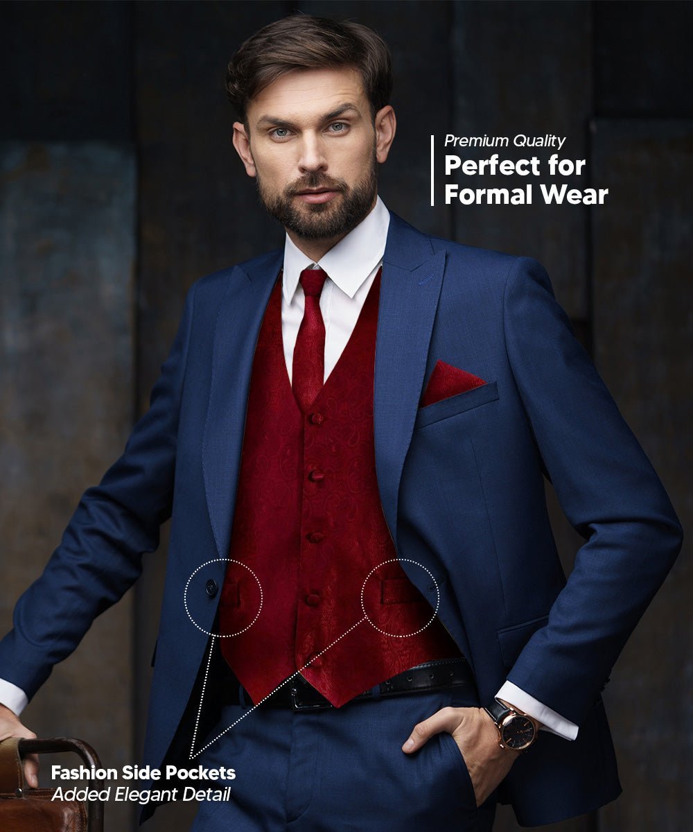 Vittorio Farina Men's Woven Paisley Vest, Necktie, Bow Tie and Pocket Square Set (Black Back) - Burgundy - Vest Set - Vittorio Farina