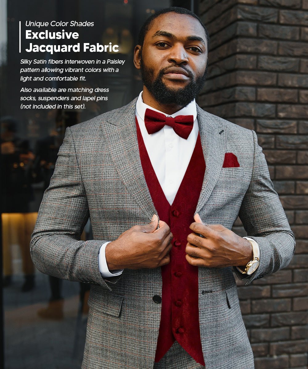 Vittorio Farina Men's Woven Paisley Vest, Necktie, Bow Tie and Pocket Square Set (Black Back) - Burgundy - Vest Set - Vittorio Farina