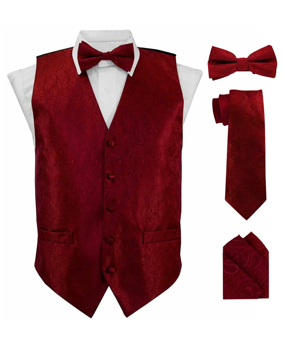 Vittorio Farina Men's Woven Paisley Vest, Necktie, Bow Tie and Pocket Square Set (Black Back) - Burgundy - Vest Set - Vittorio Farina