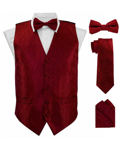 Vittorio Farina Men's Woven Paisley Vest, Necktie, Bow Tie and Pocket Square Set (Black Back) - Burgundy - Vest Set - Vittorio Farina