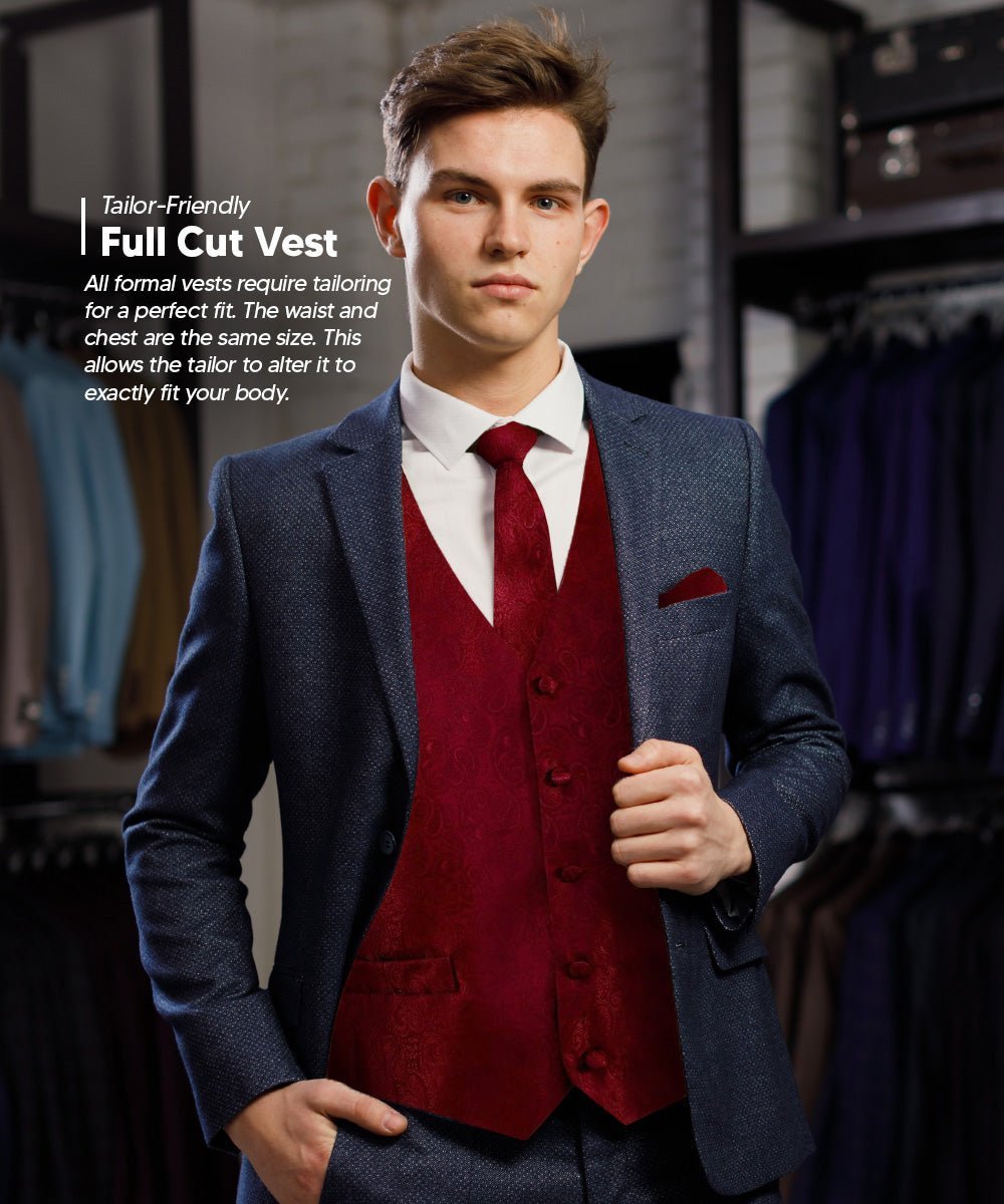 Vittorio Farina Men's Woven Paisley Vest, Necktie, Bow Tie and Pocket Square Set (Black Back) - Burgundy - Vest Set - Vittorio Farina