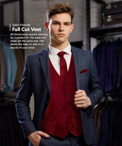Vittorio Farina Men's Woven Paisley Vest, Necktie, Bow Tie and Pocket Square Set (Black Back) - Burgundy - Vest Set - Vittorio Farina