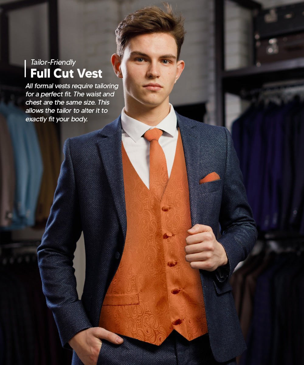 Vittorio Farina Men's Woven Paisley Vest, Necktie, Bow Tie and Pocket Square Set (Black Back) - Burnt Orange - Vest Set - Vittorio Farina