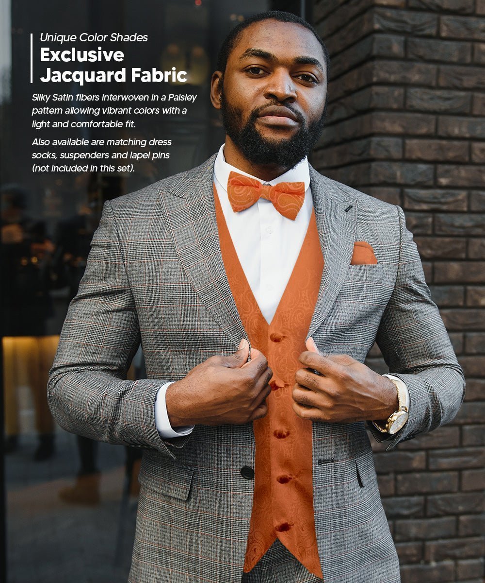 Vittorio Farina Men's Woven Paisley Vest, Necktie, Bow Tie and Pocket Square Set (Black Back) - Burnt Orange - Vest Set - Vittorio Farina