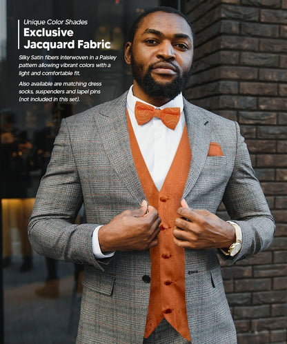 Vittorio Farina Men's Woven Paisley Vest, Necktie, Bow Tie and Pocket Square Set (Black Back) - Burnt Orange - Vest Set - Vittorio Farina