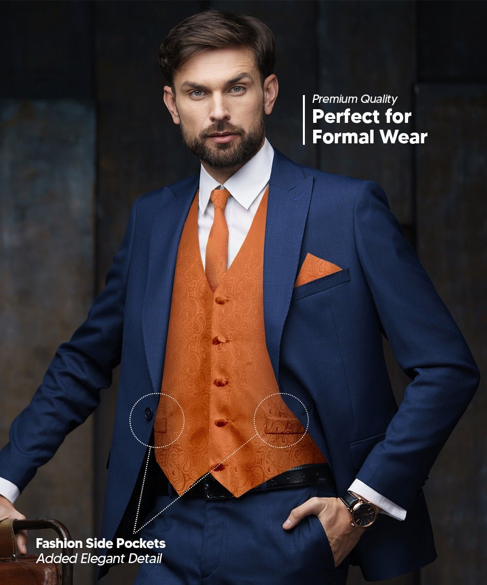 Vittorio Farina Men's Woven Paisley Vest, Necktie, Bow Tie and Pocket Square Set (Black Back) - Burnt Orange - Vest Set - Vittorio Farina