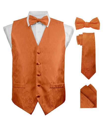 Vittorio Farina Men's Woven Paisley Vest, Necktie, Bow Tie and Pocket Square Set (Black Back) - Burnt Orange - Vest Set - Vittorio Farina
