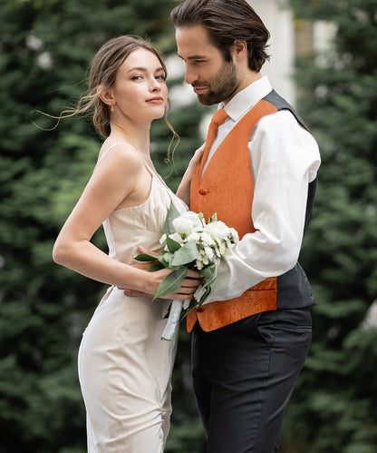 Vittorio Farina Men's Woven Paisley Vest, Necktie, Bow Tie and Pocket Square Set (Black Back) - Burnt Orange - Vest Set - Vittorio Farina