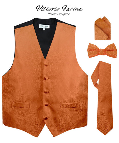 Vittorio Farina Men's Woven Paisley Vest, Necktie, Bow Tie and Pocket Square Set (Black Back) - Burnt Orange - Vest Set - Vittorio Farina
