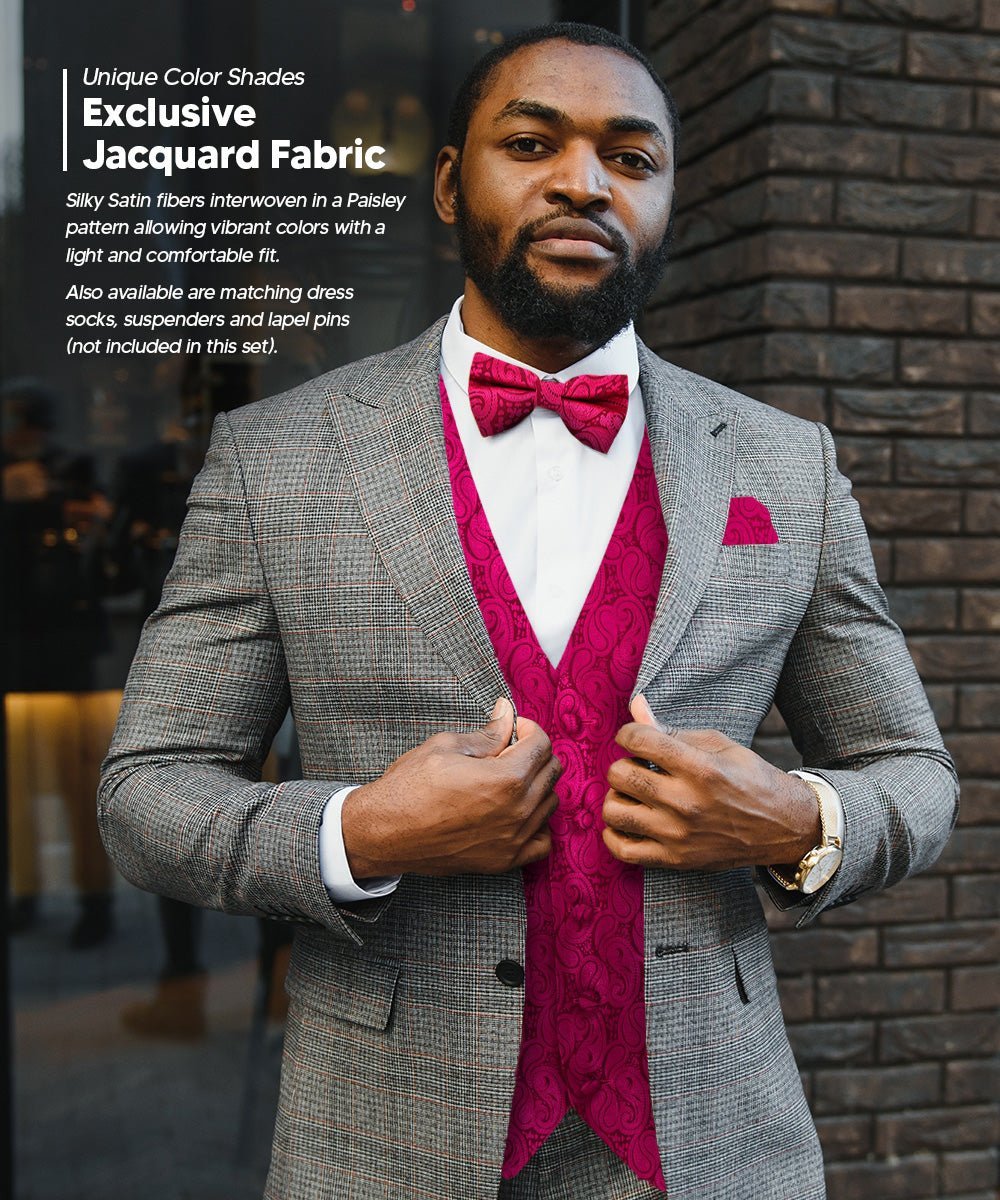 Vittorio Farina Men's Woven Paisley Vest, Necktie, Bow Tie and Pocket Square Set (Black Back) - Hot Pink - Vest Set - Vittorio Farina