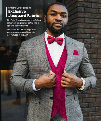 Vittorio Farina Men's Woven Paisley Vest, Necktie, Bow Tie and Pocket Square Set (Black Back) - Hot Pink - Vest Set - Vittorio Farina