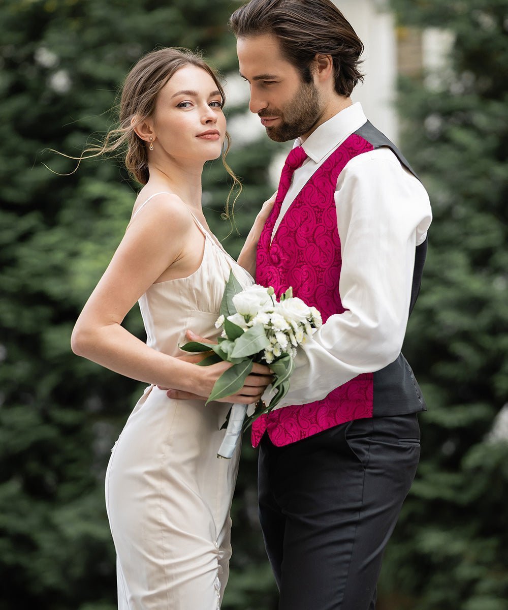 Vittorio Farina Men's Woven Paisley Vest, Necktie, Bow Tie and Pocket Square Set (Black Back) - Hot Pink - Vest Set - Vittorio Farina