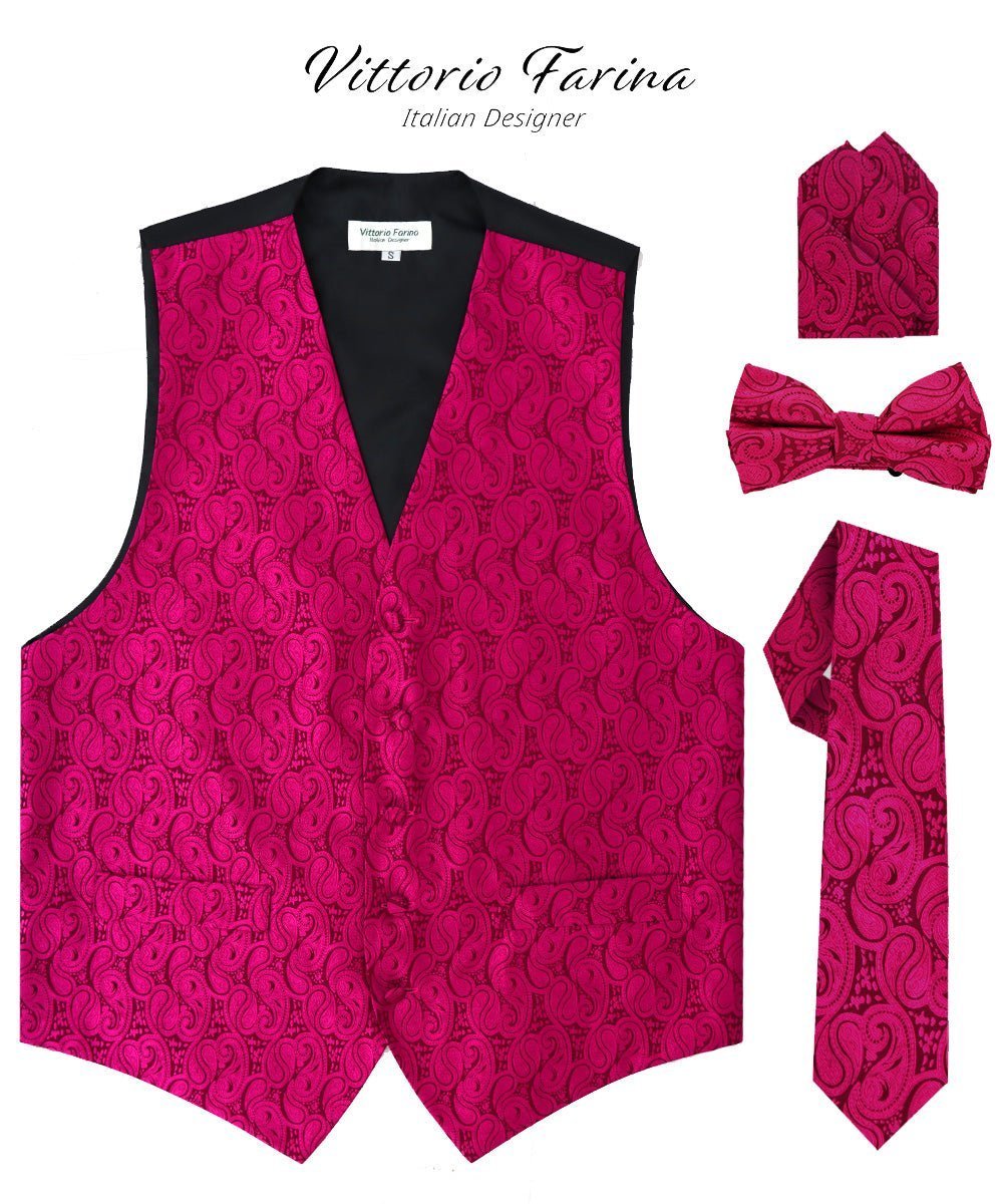 Vittorio Farina Men's Woven Paisley Vest, Necktie, Bow Tie and Pocket Square Set (Black Back) - Hot Pink - Vest Set - Vittorio Farina