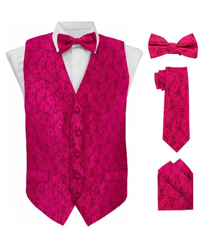 Vittorio Farina Men's Woven Paisley Vest, Necktie, Bow Tie and Pocket Square Set (Black Back) - Hot Pink - Vest Set - Vittorio Farina