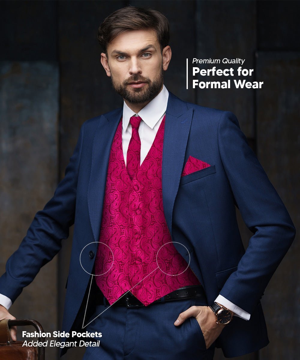 Vittorio Farina Men's Woven Paisley Vest, Necktie, Bow Tie and Pocket Square Set (Black Back) - Hot Pink - Vest Set - Vittorio Farina