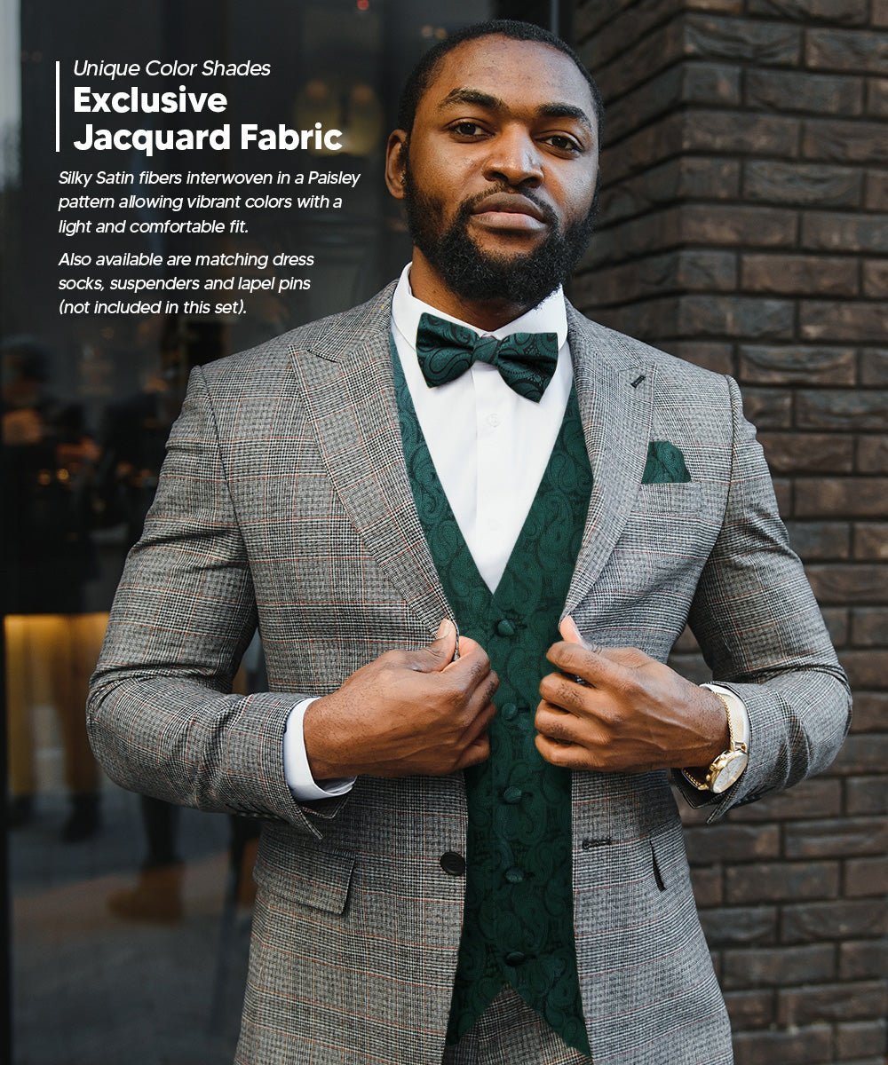Vittorio Farina Men's Woven Paisley Vest, Necktie, Bow Tie and Pocket Square Set (Black Back) - Hunter Green - Vest Set - Vittorio Farina