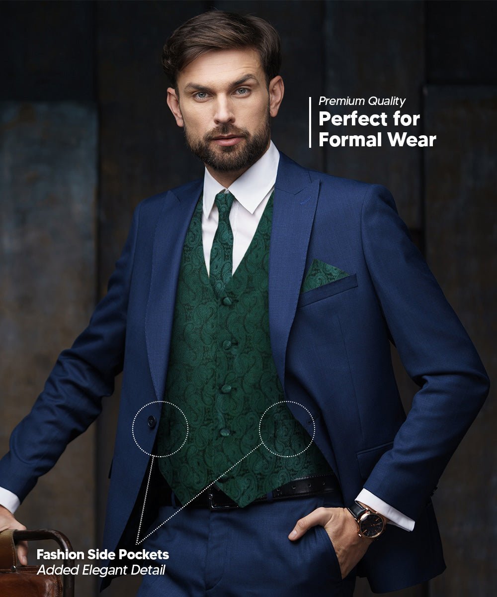 Vittorio Farina Men's Woven Paisley Vest, Necktie, Bow Tie and Pocket Square Set (Black Back) - Hunter Green - Vest Set - Vittorio Farina