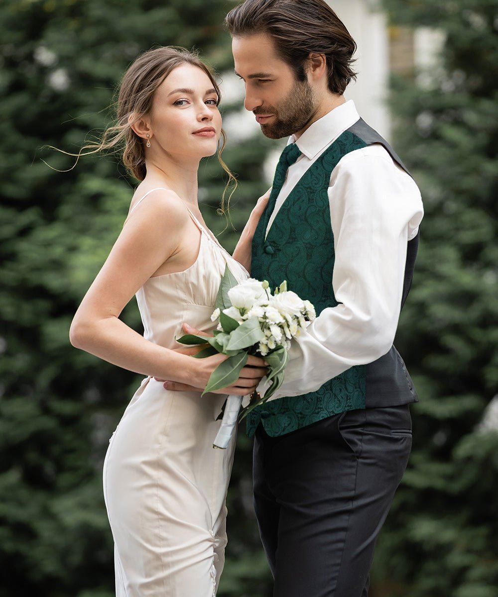 Vittorio Farina Men's Woven Paisley Vest, Necktie, Bow Tie and Pocket Square Set (Black Back) - Hunter Green - Vest Set - Vittorio Farina