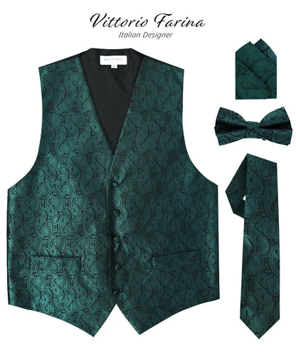 Vittorio Farina Men's Woven Paisley Vest, Necktie, Bow Tie and Pocket Square Set (Black Back) - Hunter Green - Vest Set - Vittorio Farina