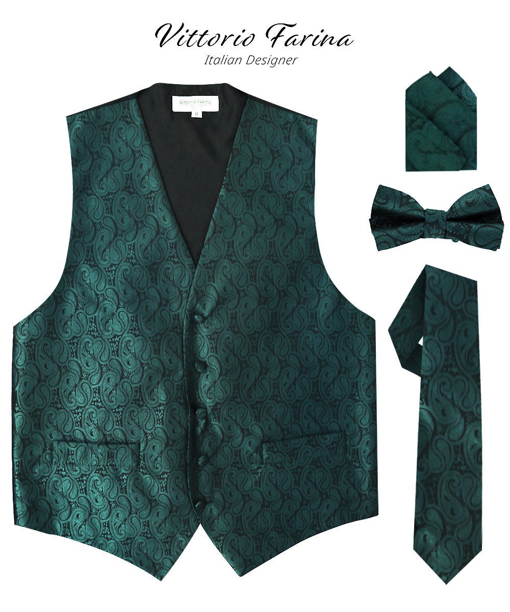 Vittorio Farina Men's Woven Paisley Vest, Necktie, Bow Tie and Pocket Square Set (Black Back) - Hunter Green - Vest Set - Vittorio Farina