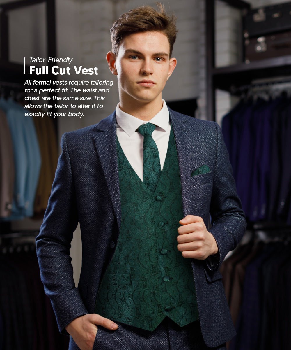 Vittorio Farina Men's Woven Paisley Vest, Necktie, Bow Tie and Pocket Square Set (Black Back) - Hunter Green - Vest Set - Vittorio Farina