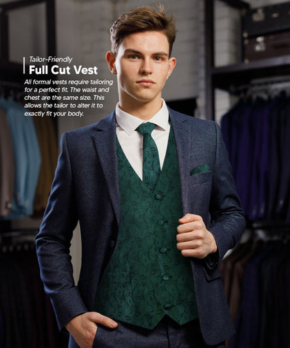 Vittorio Farina Men's Woven Paisley Vest, Necktie, Bow Tie and Pocket Square Set (Black Back) - Hunter Green - Vest Set - Vittorio Farina