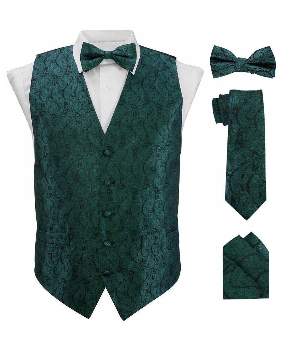 Vittorio Farina Men's Woven Paisley Vest, Necktie, Bow Tie and Pocket Square Set (Black Back) - Hunter Green - Vest Set - Vittorio Farina
